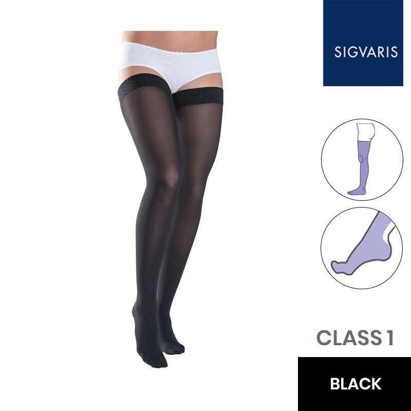 Sigvaris Essential Thermoregulating Class 1 (18-21mmHg) Thigh Black Compression Stockings with Knobbed Grip